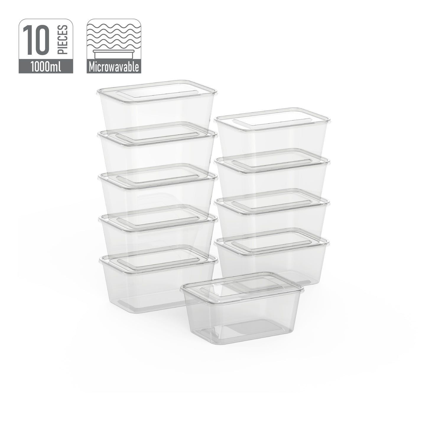 1000 ml Pack of 10 Clear Microwave Containers with Clear Lids