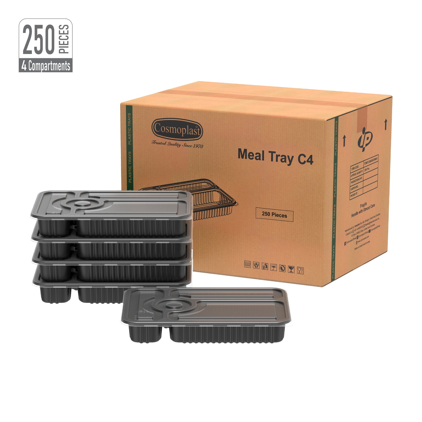 4 Compartments Carton of 250 Black Meal Containers with Clear Lids