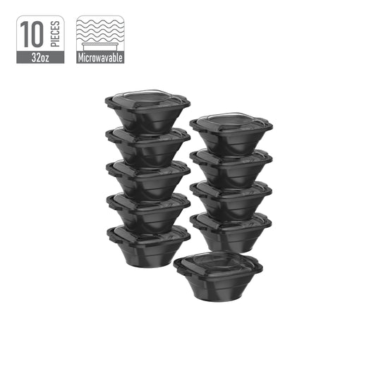32 oz Pack of 10 Square Microwave Bowls with Clear Lids