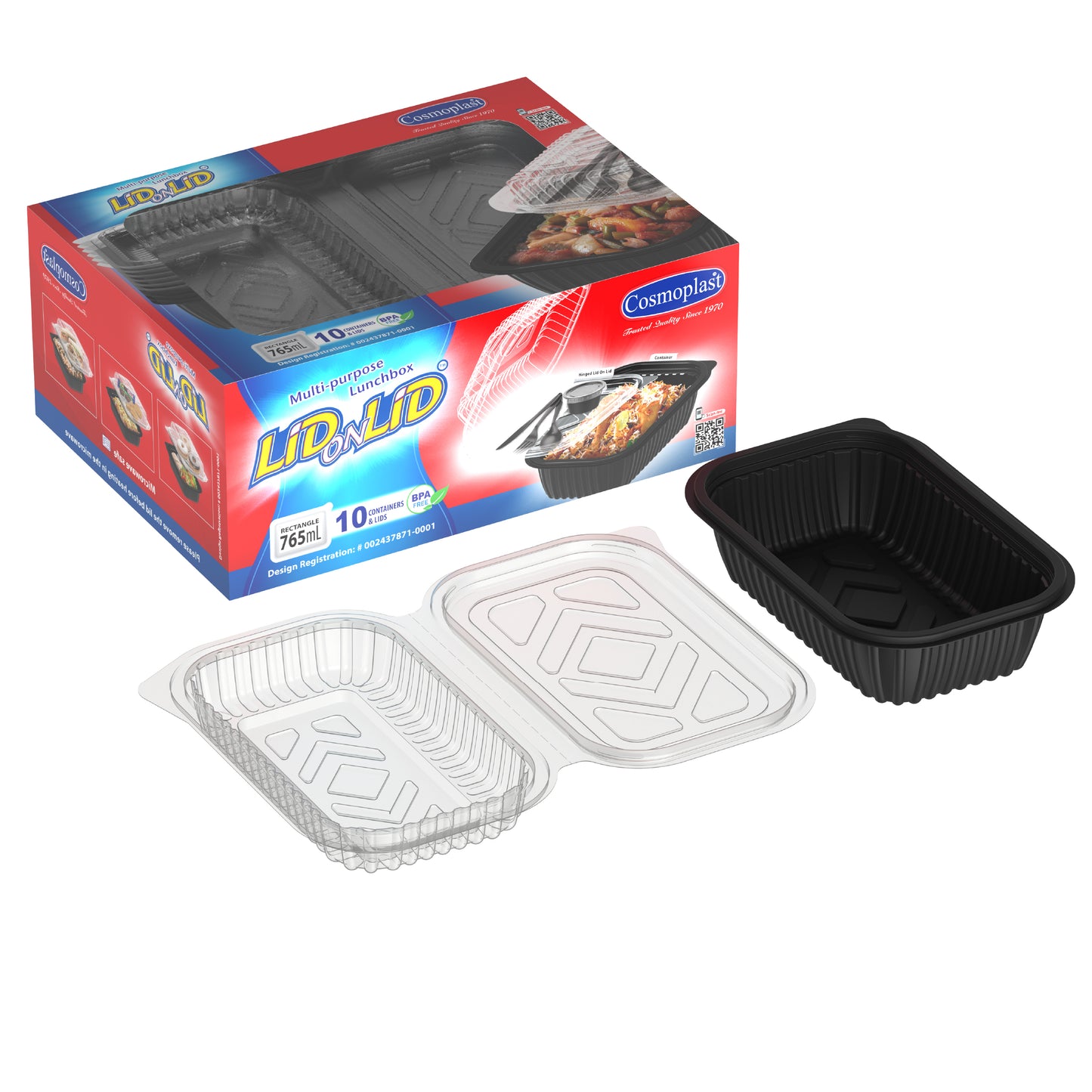 450 ml Pack of 10 Black Lid on Lid Meal Containers with Double Lids