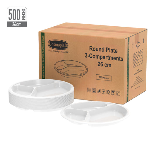 3 Compartments  White 26 cm Plastic Plates