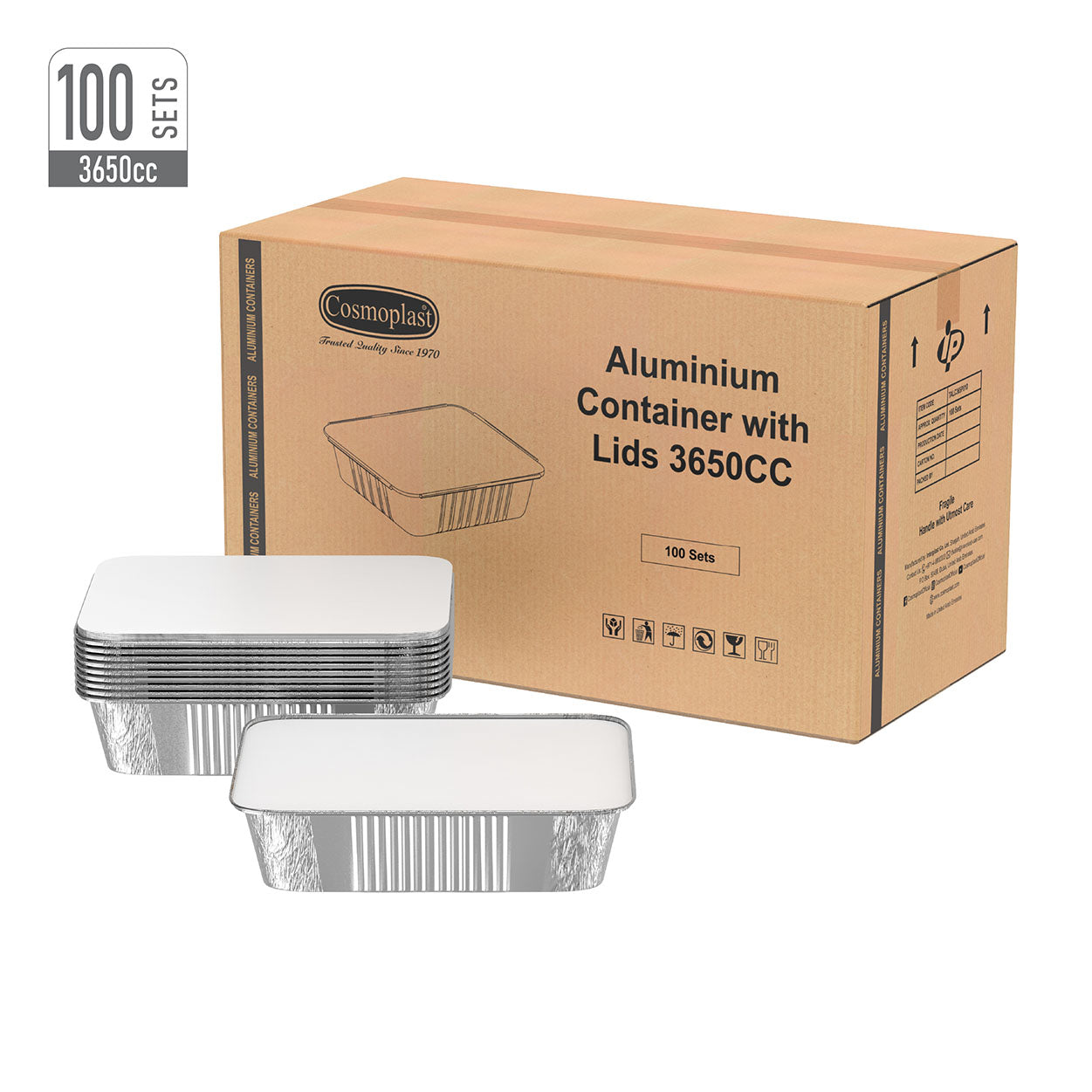 3650 cc Carton of 100 Aluminium Containers with Lids