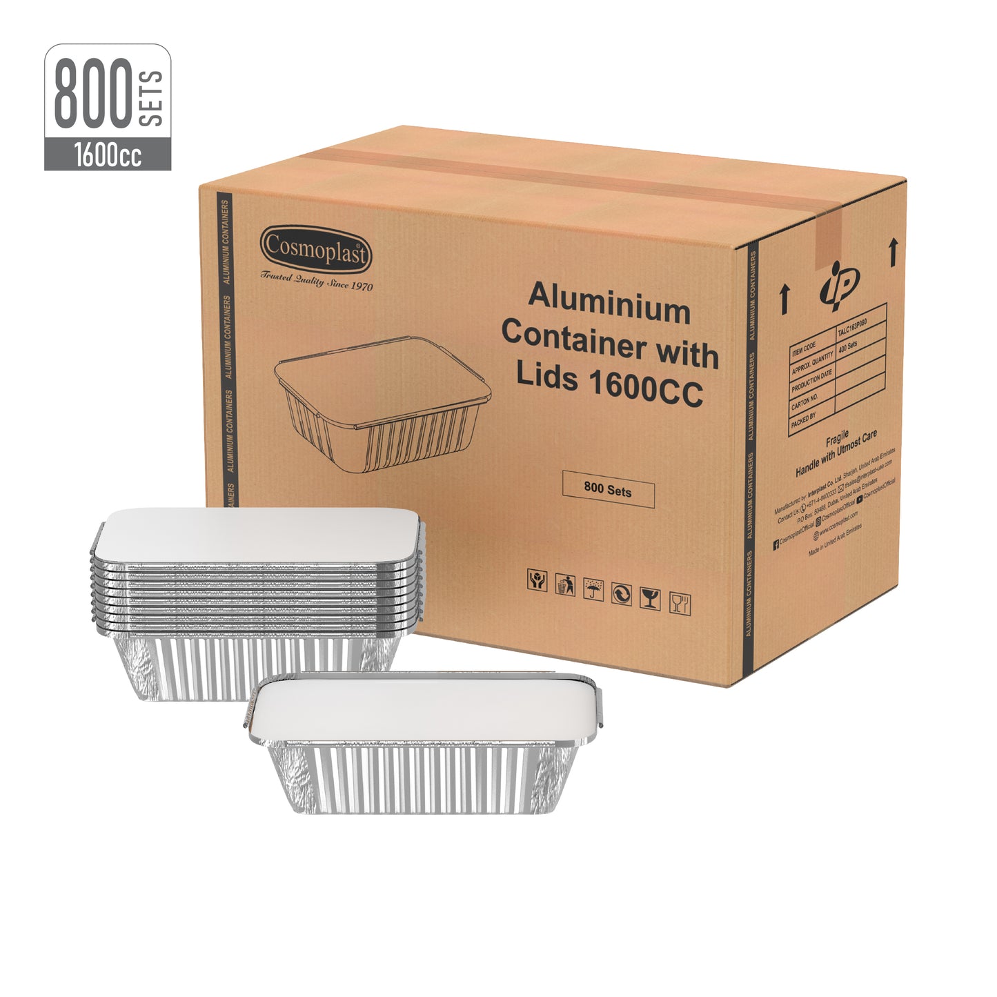 1600 cc Carton of 800 Aluminium Containers with Lids