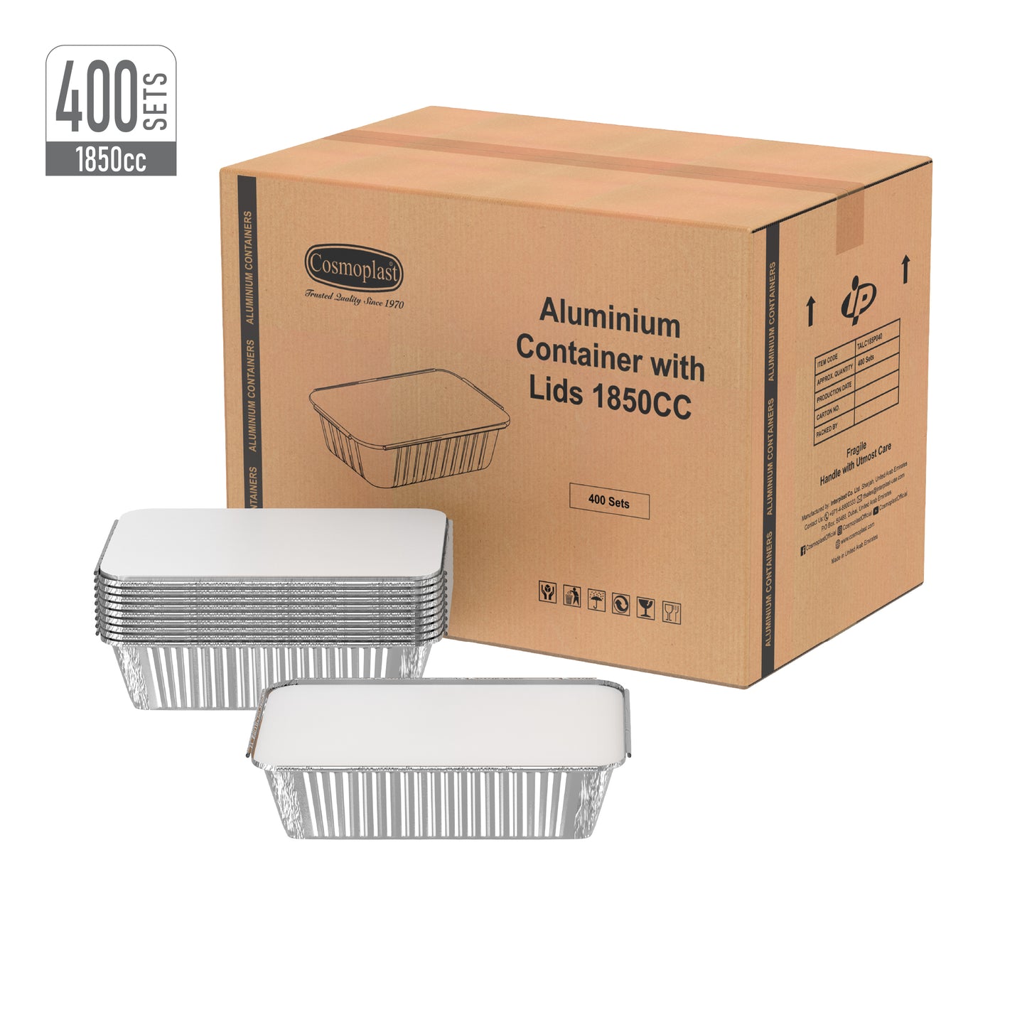 1850 cc Carton of 400 Aluminium Containers with Lids