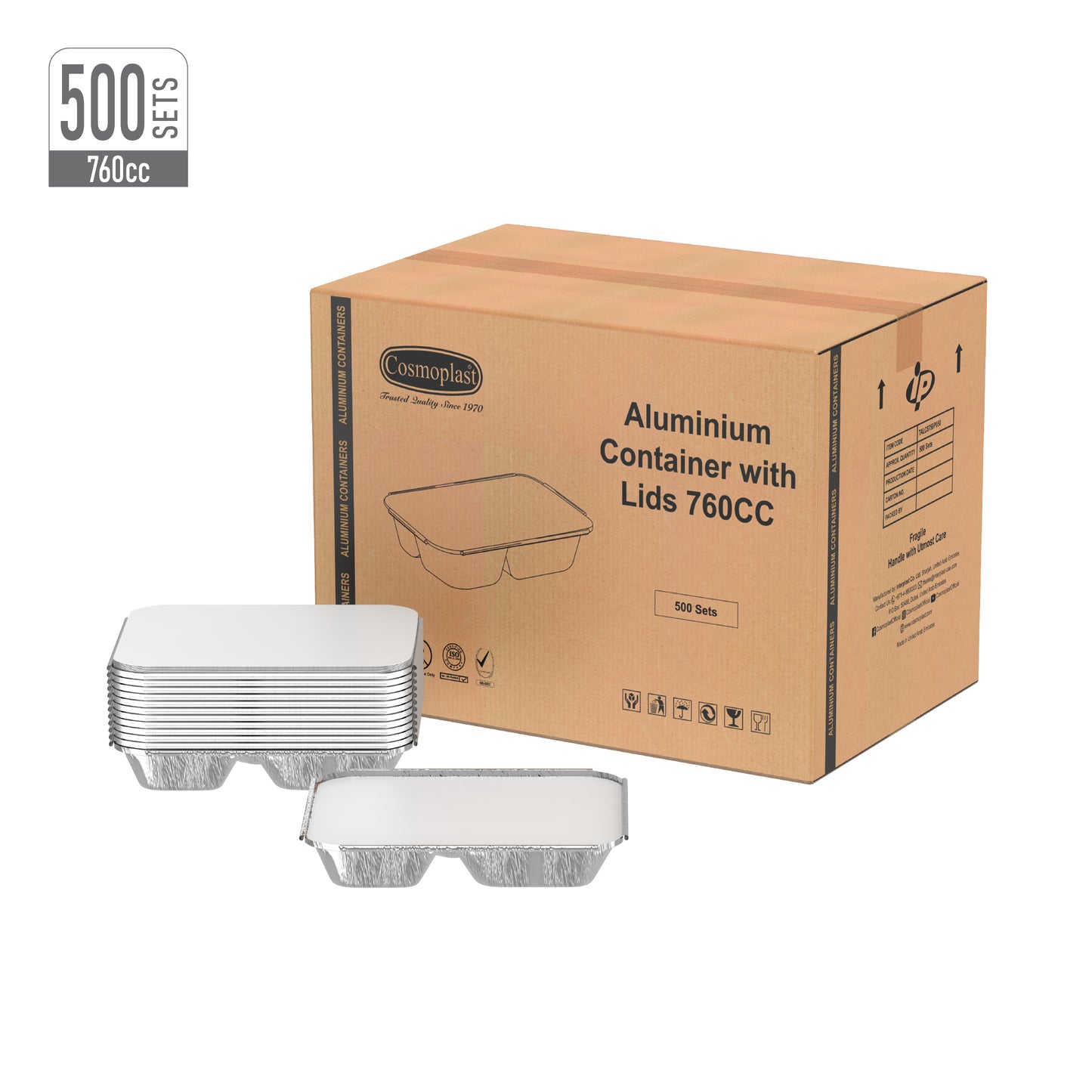 760 cc Carton of 500 3 Compartments Aluminium Containers with Lids