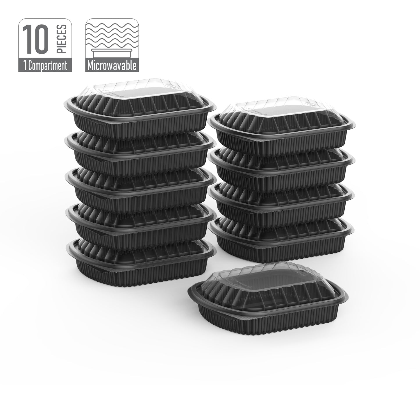 1 Compartment Pack of 10 Black Meal Containers with Clear Lids