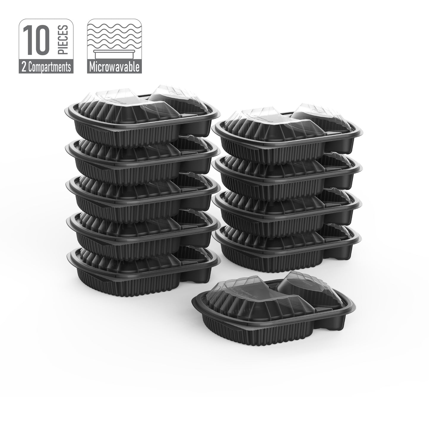 2 Compartments Pack of 10 Black Meal Containers with Clear Lids