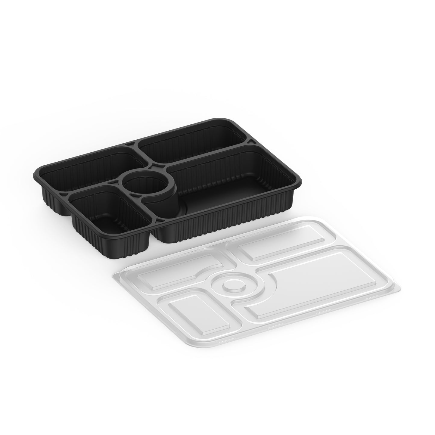 5 Compartments Pack of 10 Black Meal Containers with Clear Lids