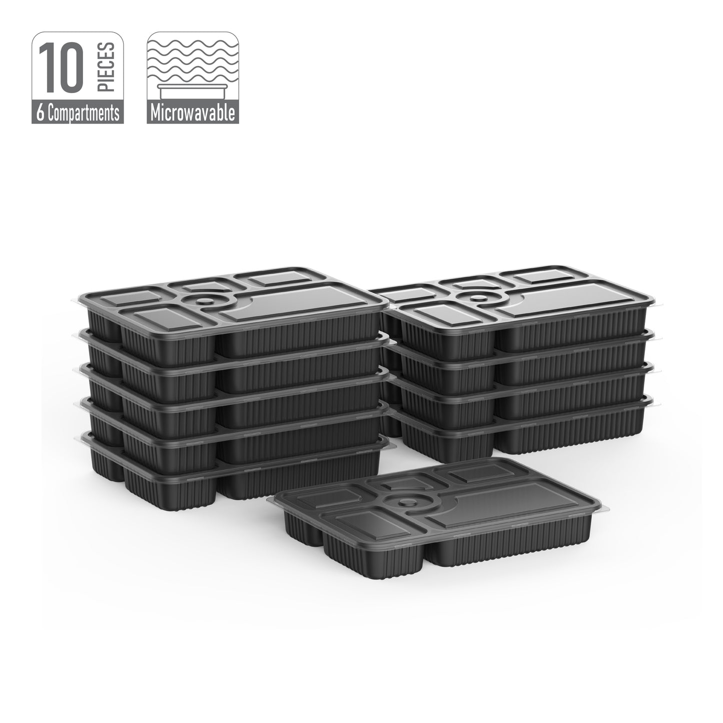 6 Compartments Pack of 10 Black Meal Containers with Clear Lids
