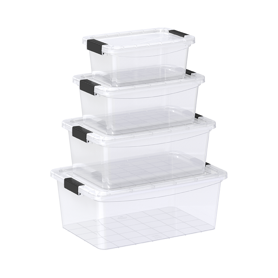 Set of 5, 8, 13, 20 Liters Clear Plastic Storage Boxes with Lockable Lids