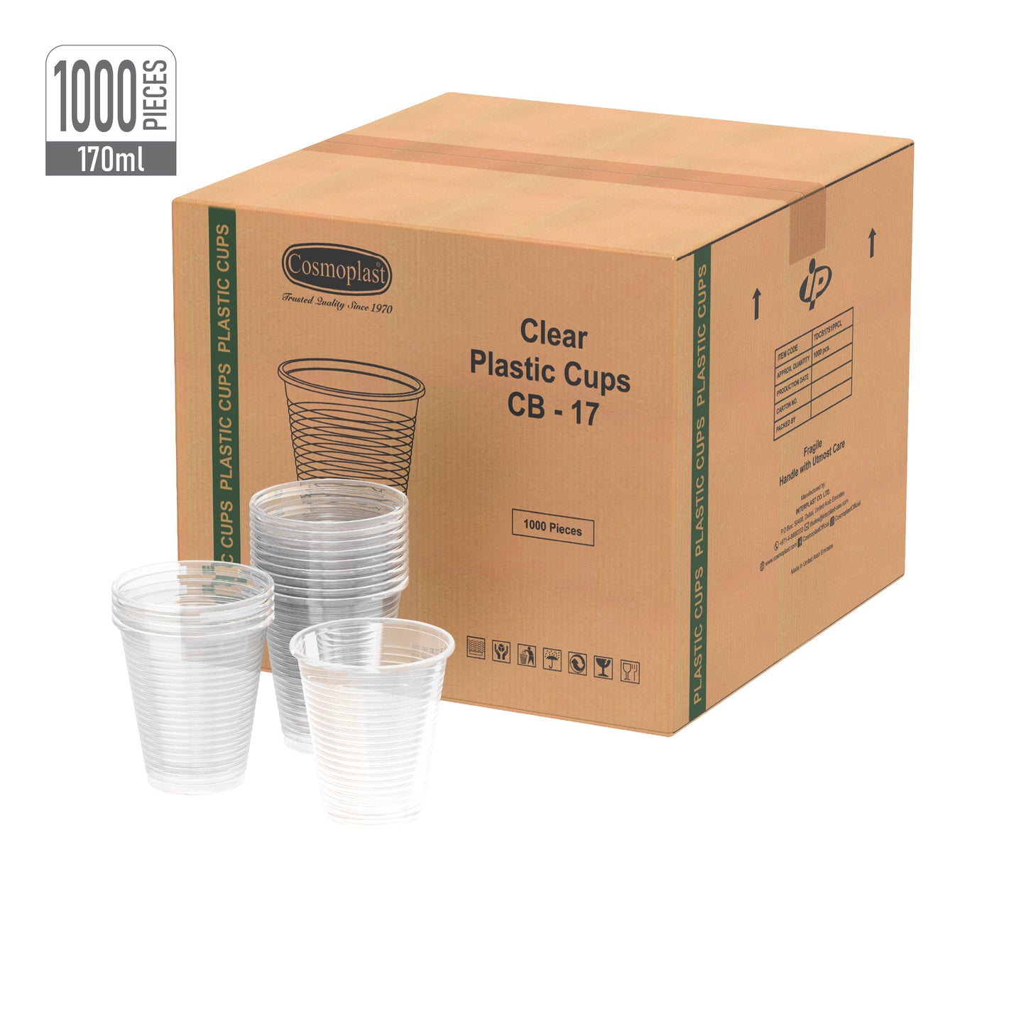 170 ml Clear Plastic Cups Carton of 1000