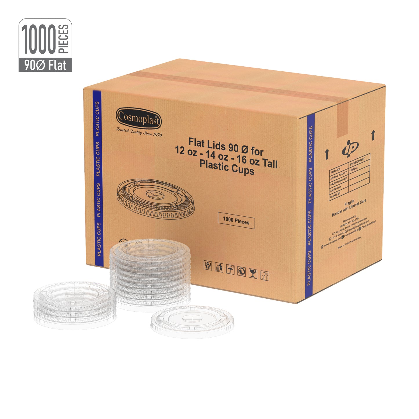 90 mm Carton of 1000 Flat Lids for 12, 14, 16 Tall oz Clear Plastic Cups
