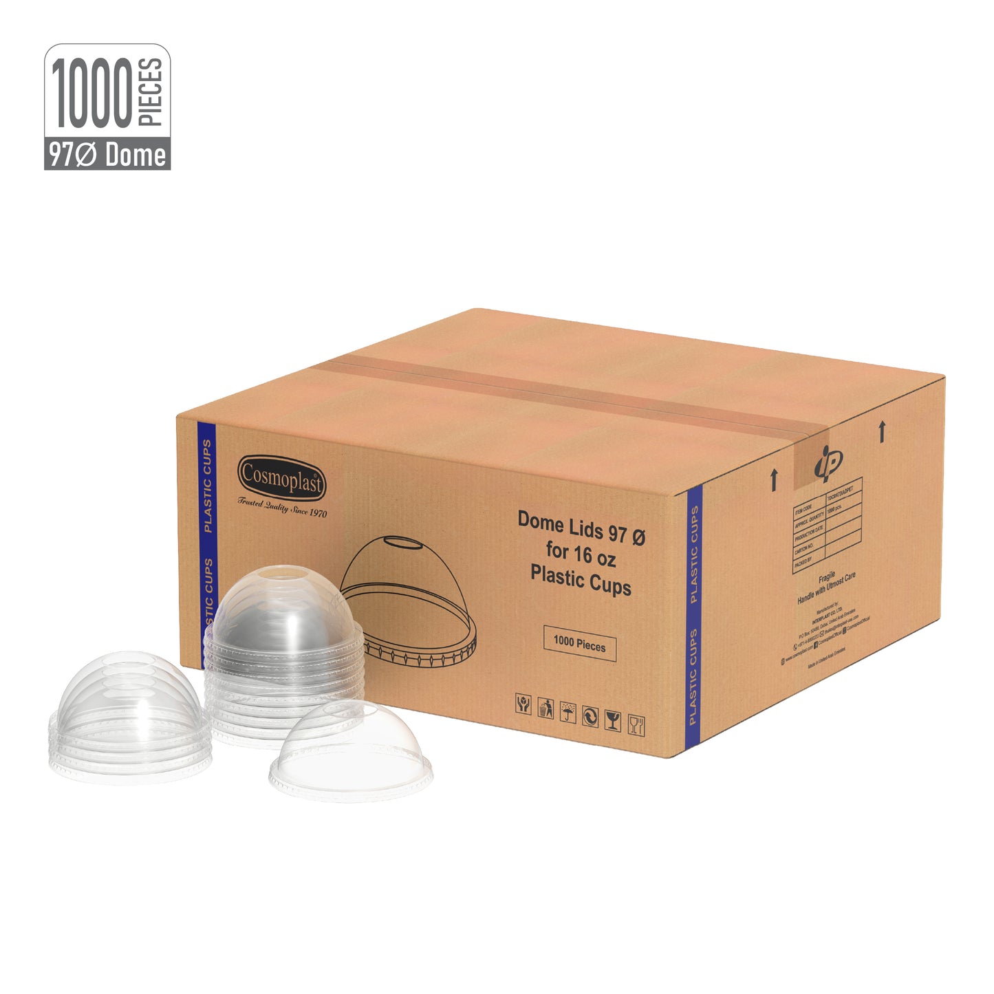 97 mm Carton of 1000 Dome Lids for 16 oz Clear Plastic Cups