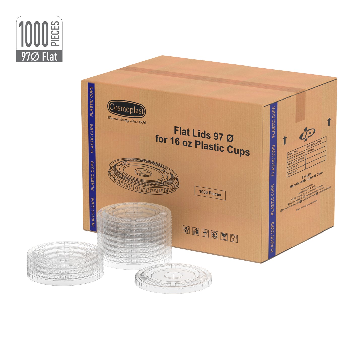 97 mm Carton of 1000 Flat Lids for 16 oz Clear Plastic Cups