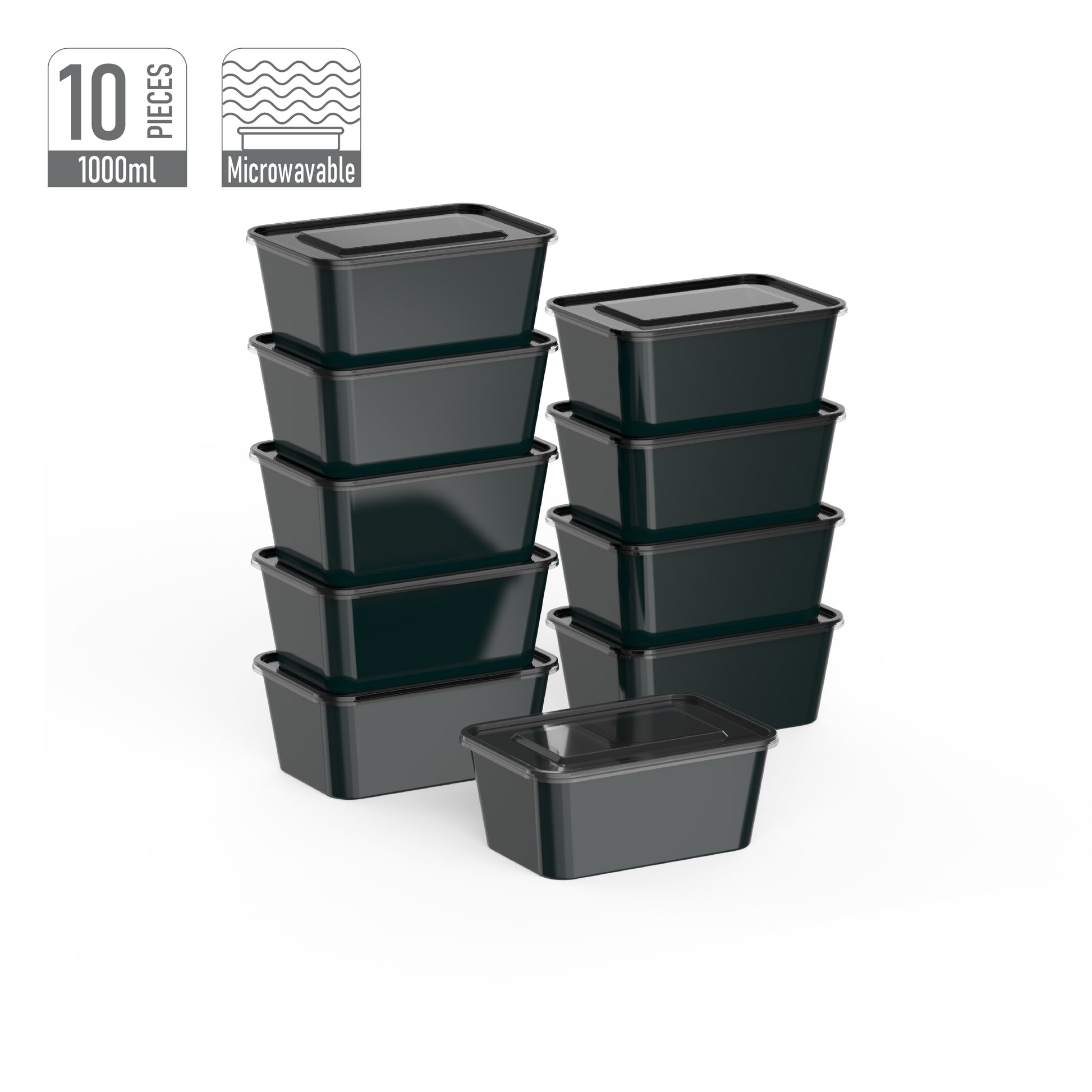 1000 ml Pack of 10 Black Microwave Containers with Clear Lids
