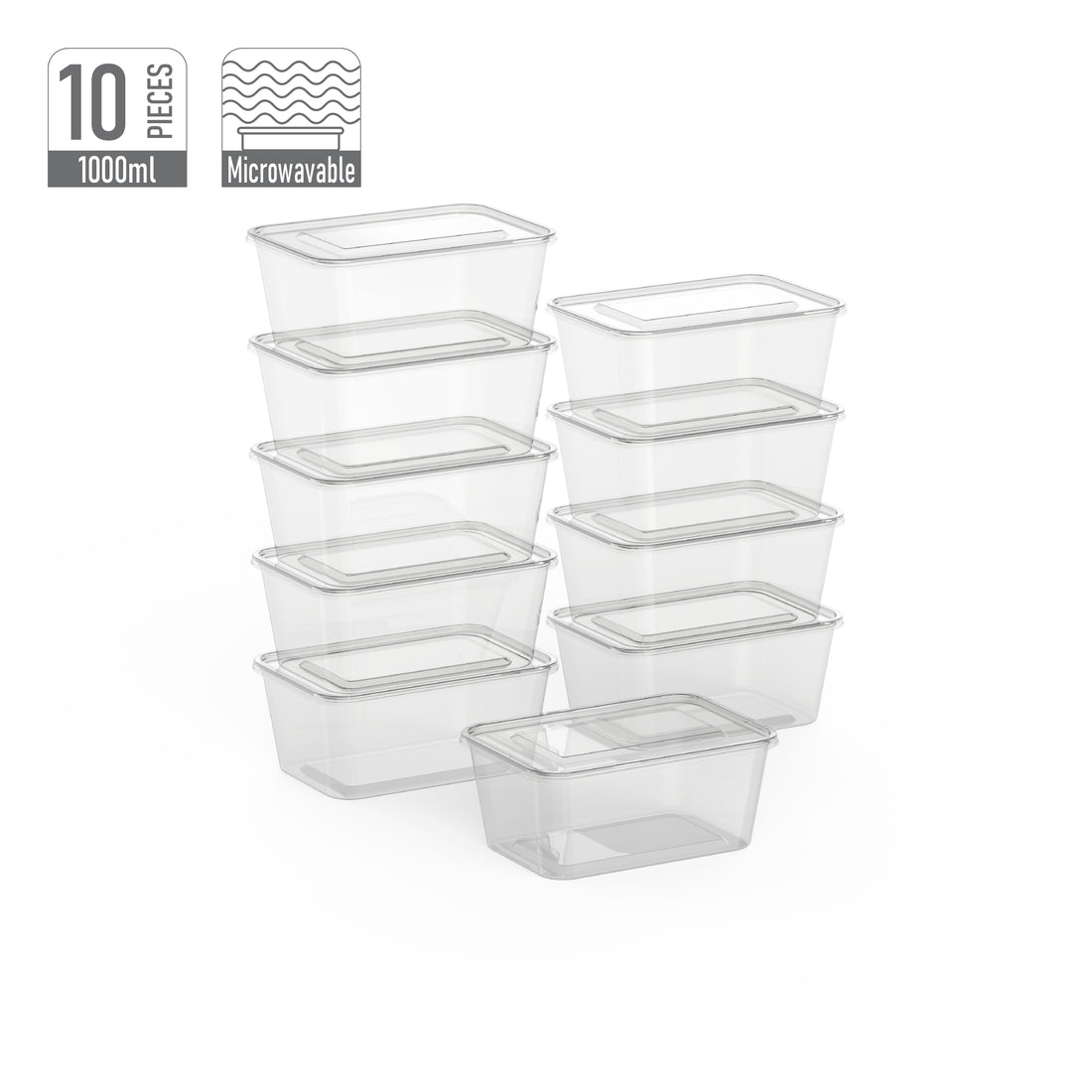 1000 ml Pack of 10 Clear Microwave Containers with Clear Lids