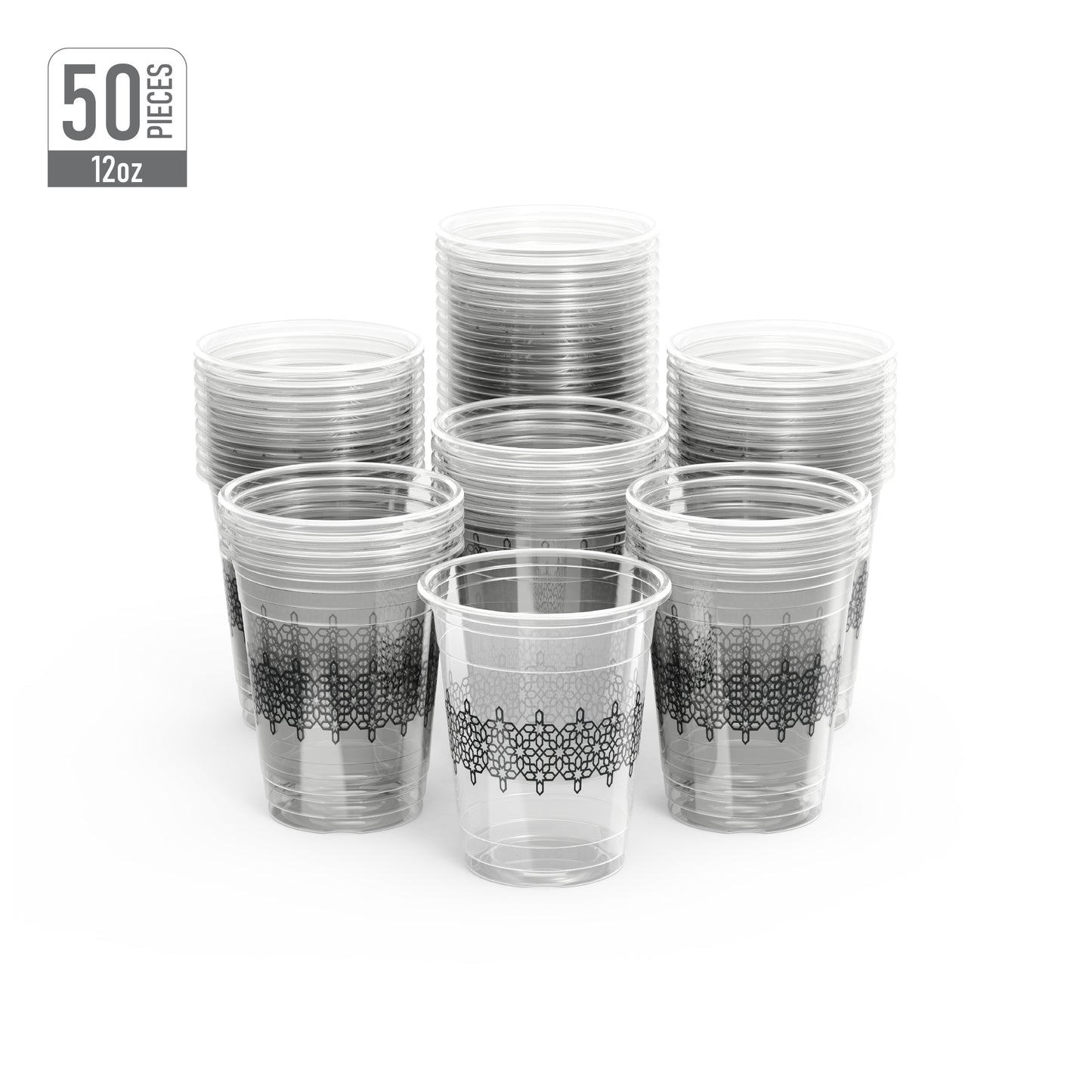 12 oz Clear Plastic Cups with Ethnic Patterns Print Pack of 10