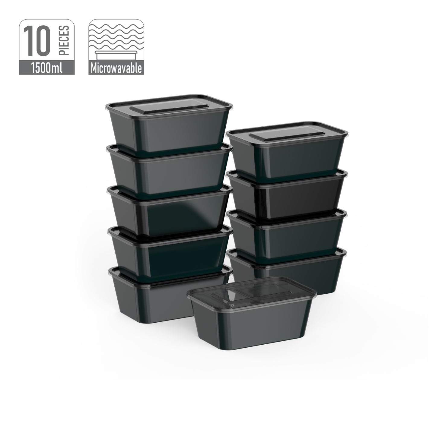 1500 ml Pack of 10 Black Microwave Containers with Clear Lids
