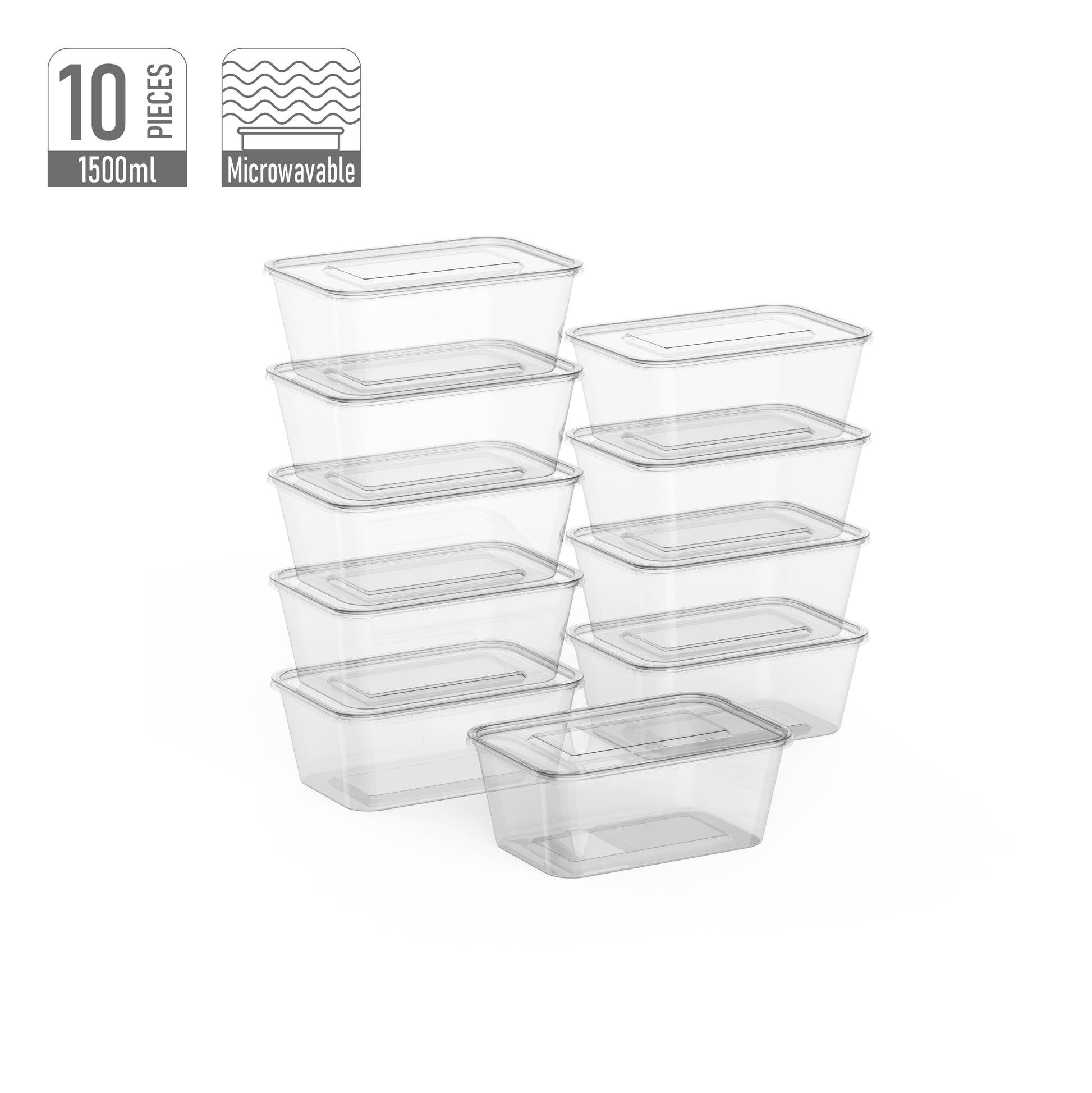 1500 ml Pack of 10 Clear Microwave Containers with Clear Lids