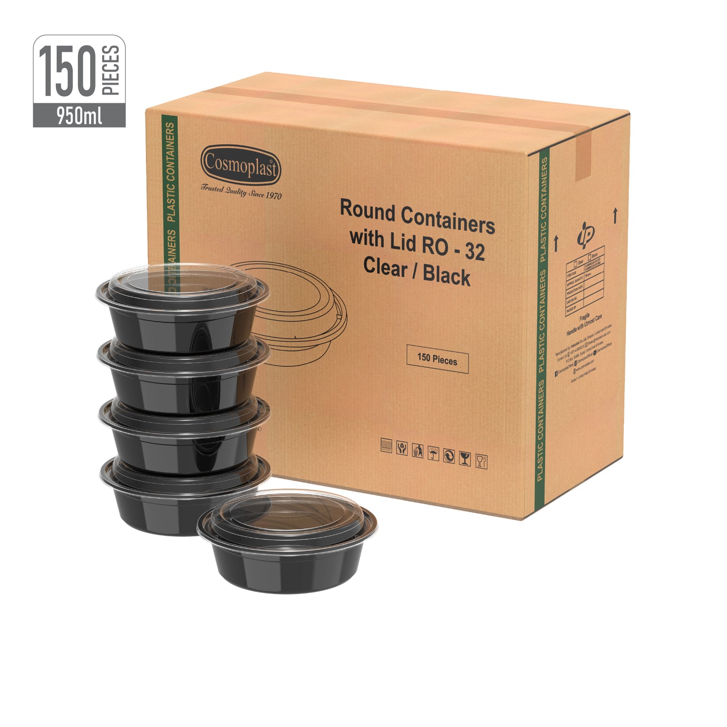 950 ml Carton of 150 RO32 Black Microwave Containers with Clear Lids