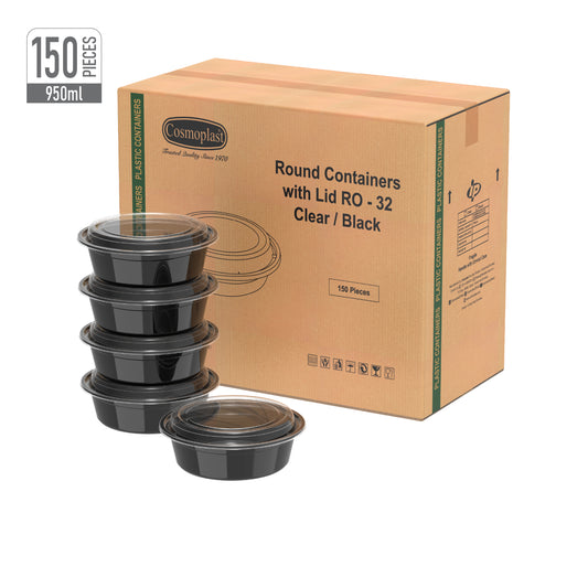 950 ml Carton of 150 RO32 Black Microwave Containers with Clear Lids