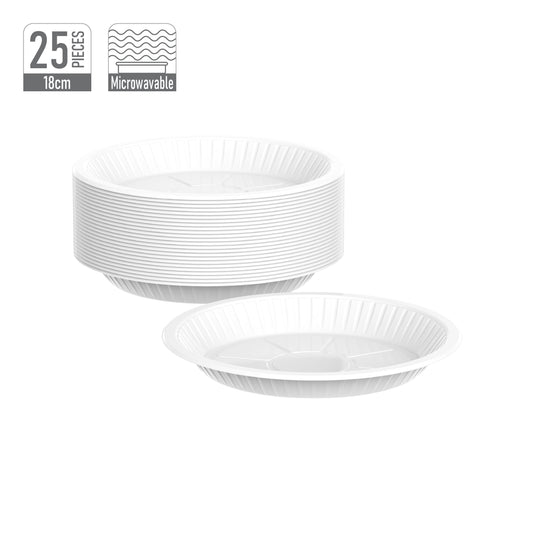 1 Compartment Pack of 25 White 18 cm Plastic Plates