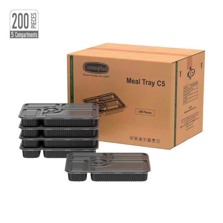  Wholesale 5 Compartments Black Meal Containers with Clear Lids