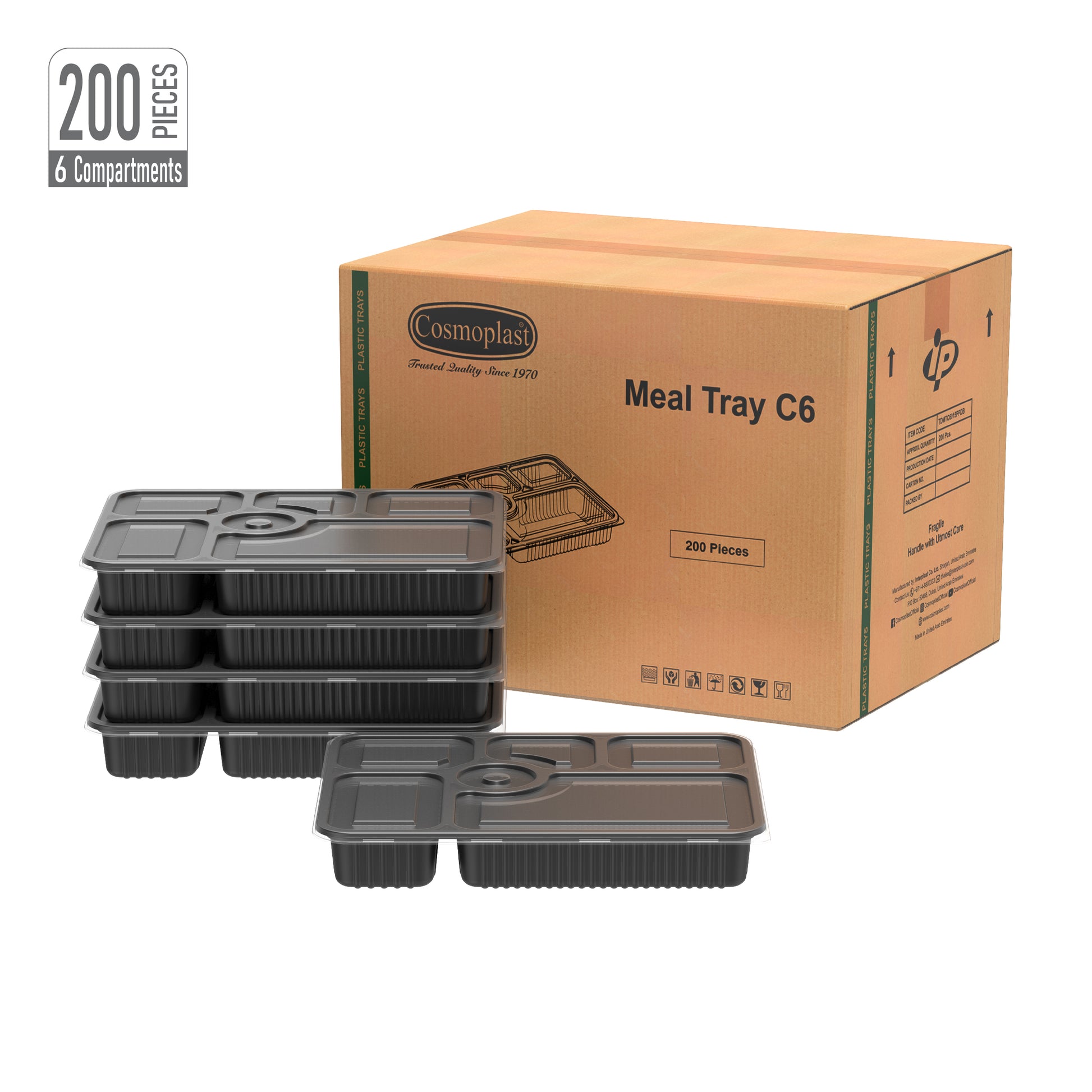 6 Compartments Carton of 200 Black Meal Containers with Clear Lids