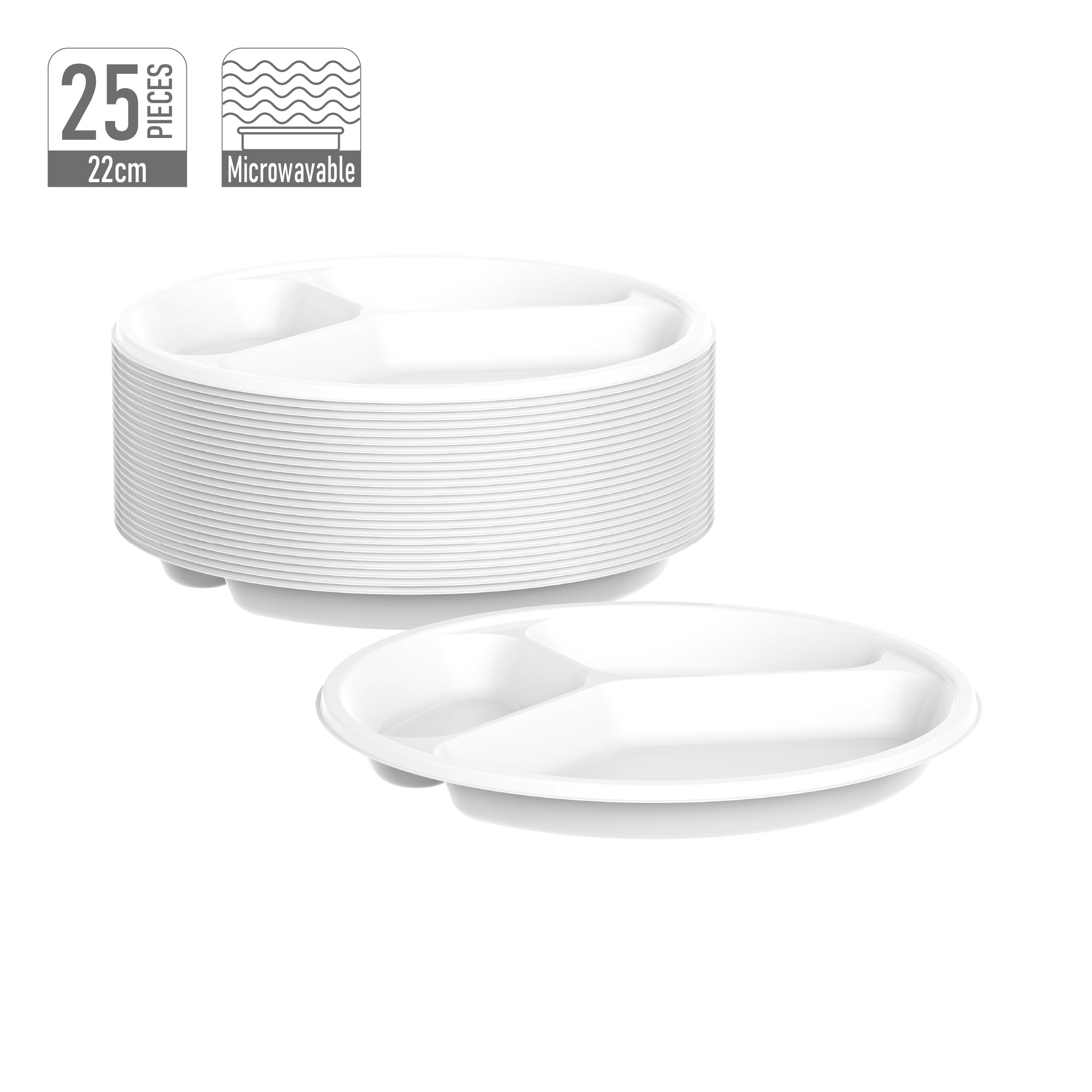 3 Compartments Pack of 25 White 22 cm Plastic Plates