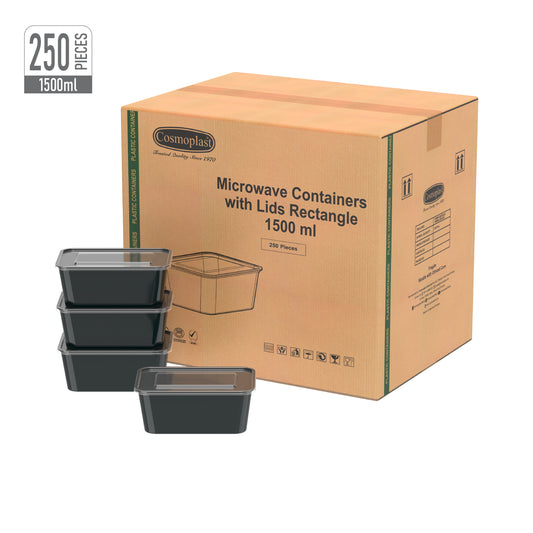 1500 ml Carton of 250 Black Microwave Containers with Clear Lids