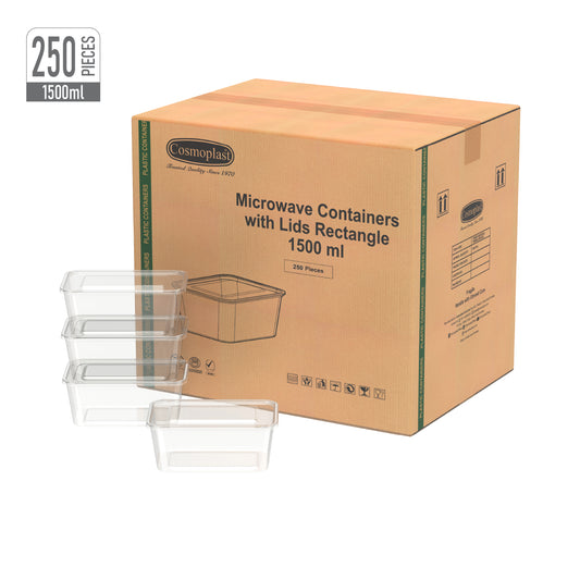 1500 ml Carton of 250 Clear Microwave Containers with Clear Lids