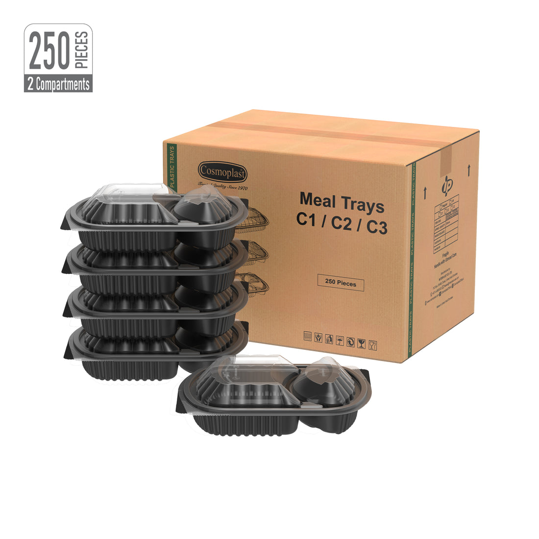 2 Compartments Carton of 250 Black Meal Containers with Clear Lids