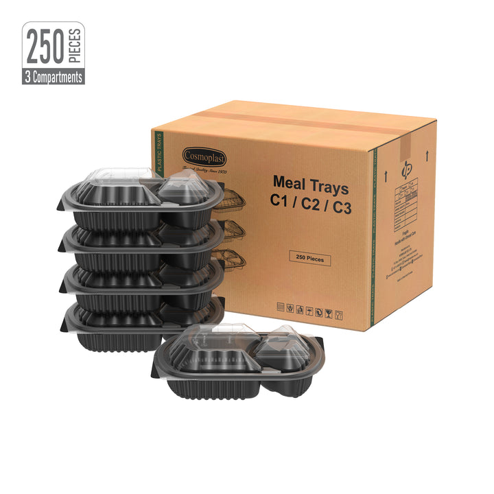 3 Compartments Black Meal Containers with Clear Lids