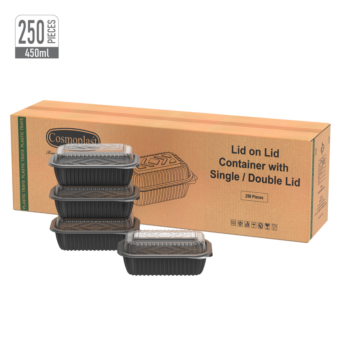 450 ml  Black Lid on Lid Meal Containers with Double Lids