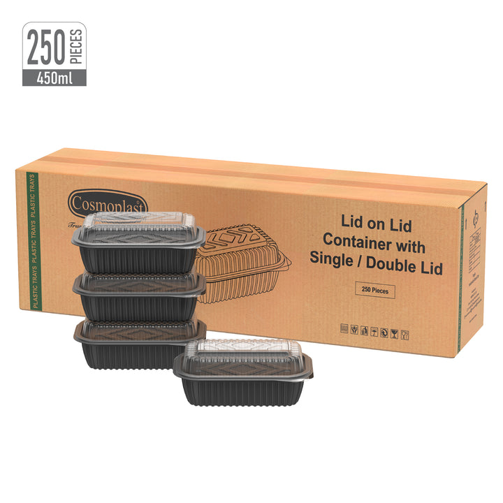 450 ml  Black Lid on Lid Meal Containers with Double Lids