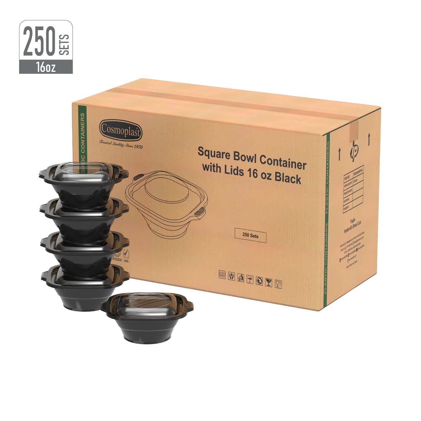 16 oz Carton of 250 Square Microwave Bowls with Clear Lids