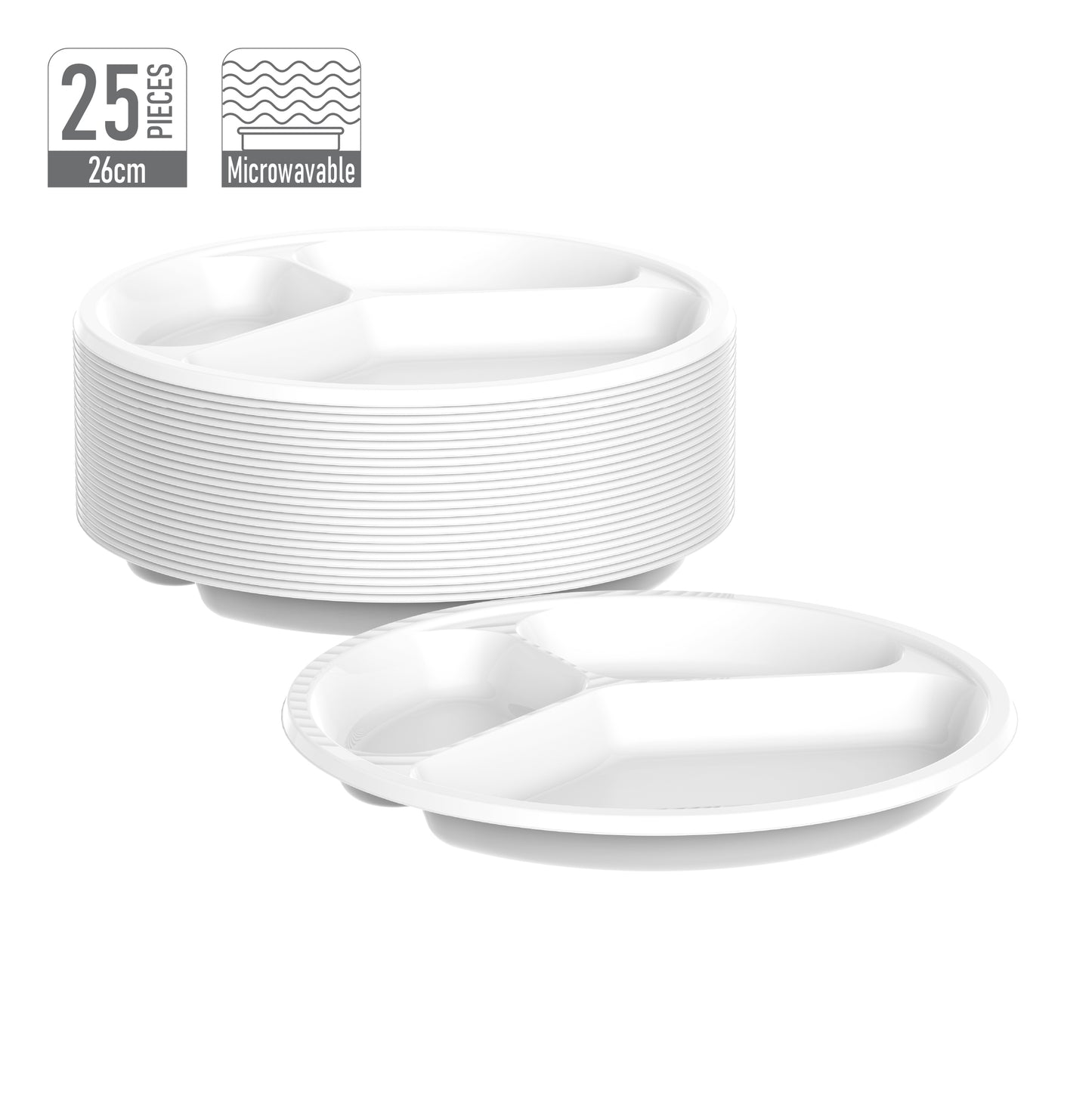 3 Compartments Pack of 25 White 26 cm Plastic Plates
