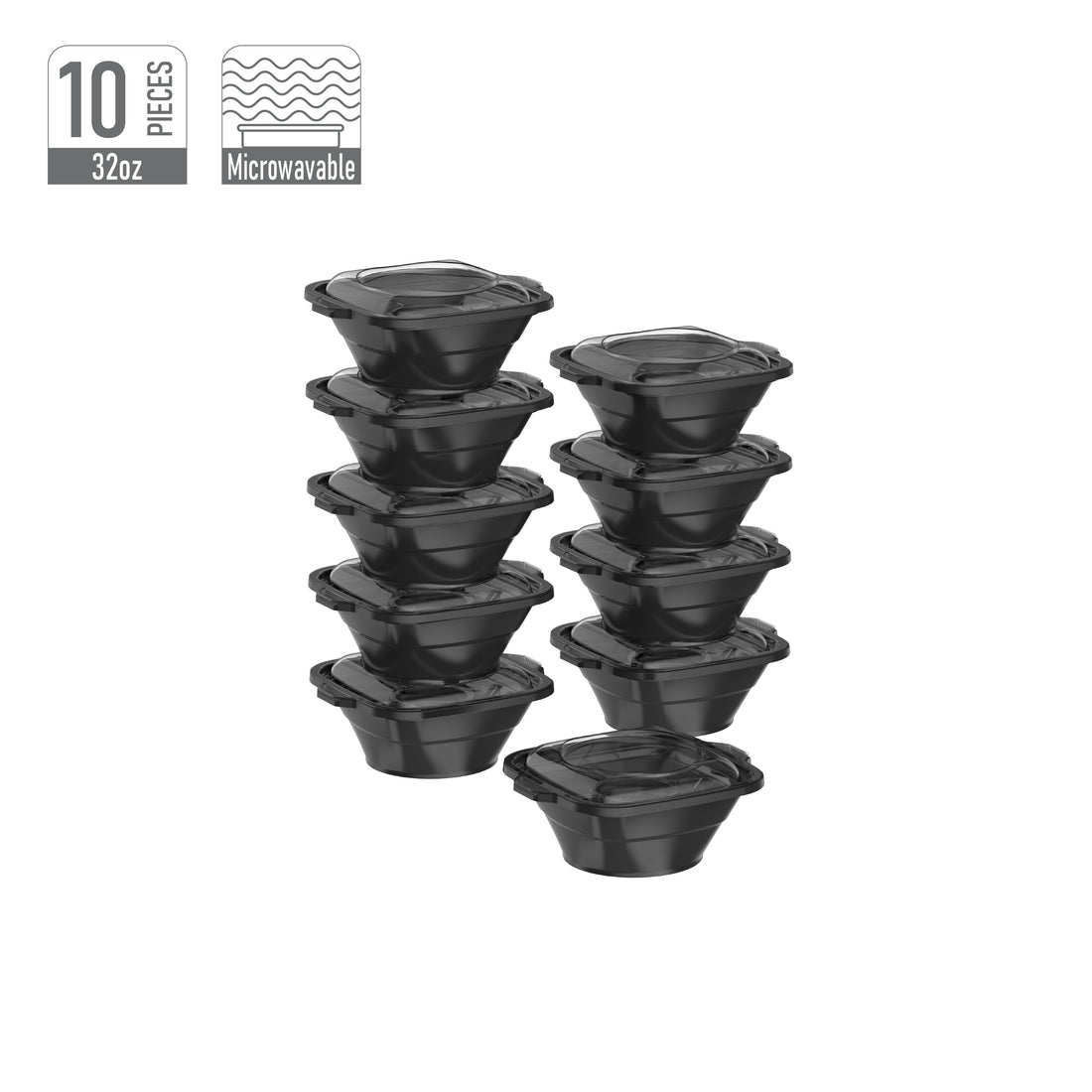 32 oz Pack of 10 Square Microwave Bowls with Clear Lids