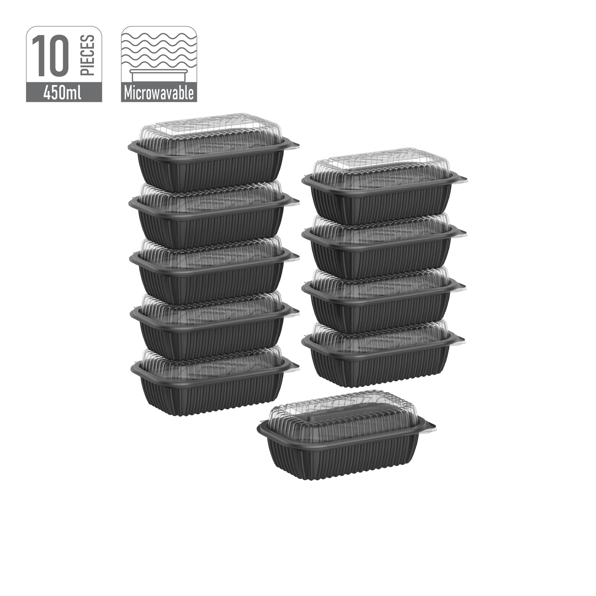 450 ml Pack of 10 Black Lid on Lid Meal Containers with Double Lids