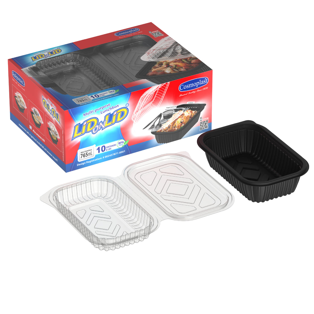 450 ml Pack of 10 Black Lid on Lid Meal Containers with Double Lids