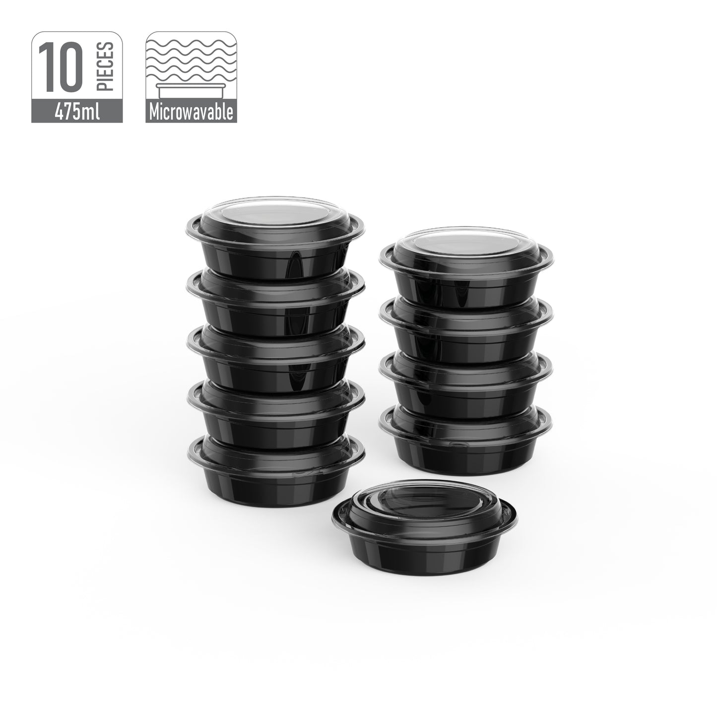 475 ml Pack of 10 RO16 Black Microwave Containers with Clear Lids