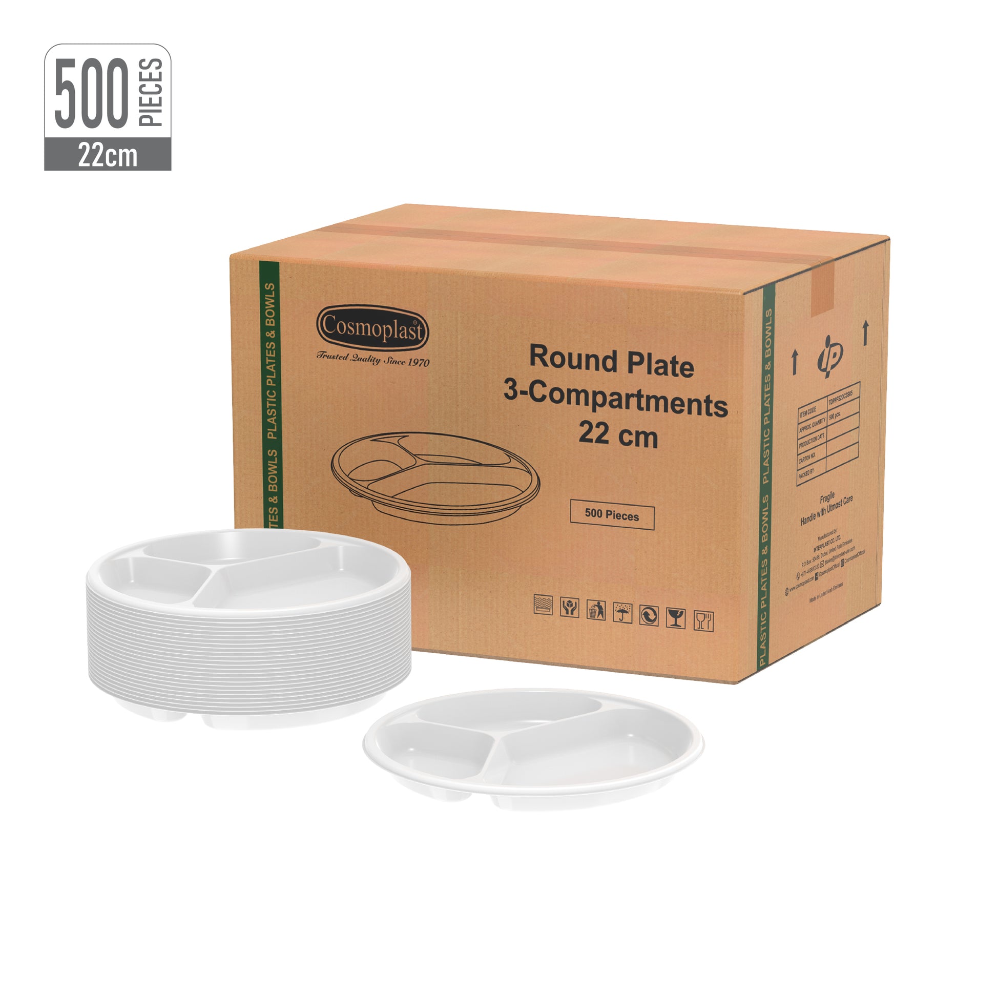 3 Compartments White 22 cm Plastic Plates