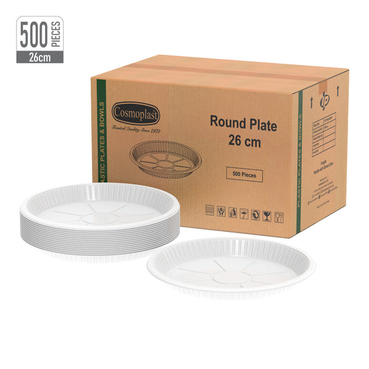 1 Compartment Carton of 500 White 26 cm Plastic Plates
