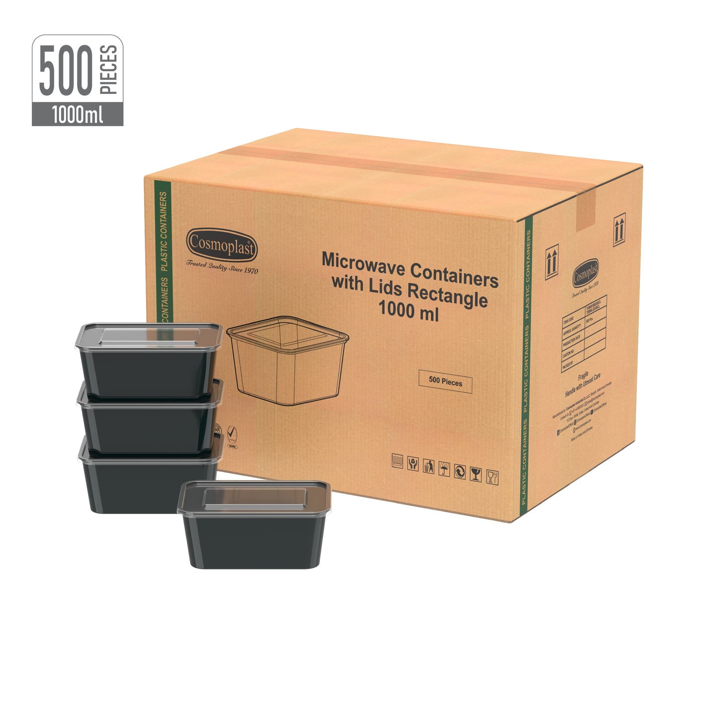 1000 ml Carton of 500 Black Microwave Containers with Clear Lids