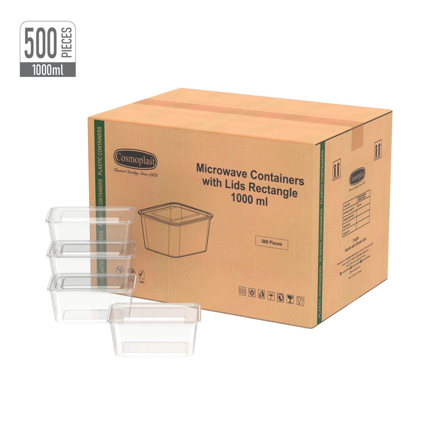 1000 ml Carton of 500 Clear Microwave Containers with Clear Lids