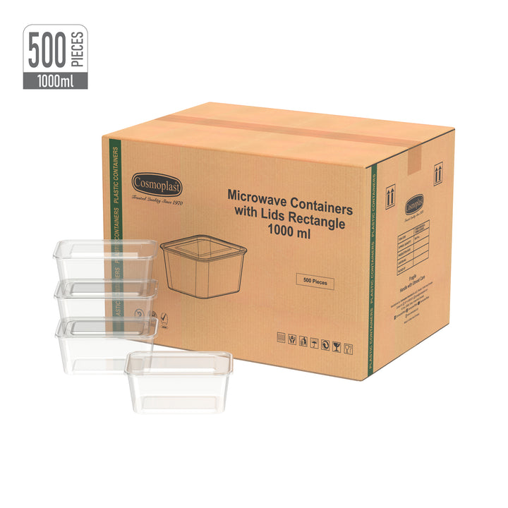 1000 ml Carton of 500 Clear Microwave Containers with Clear Lids