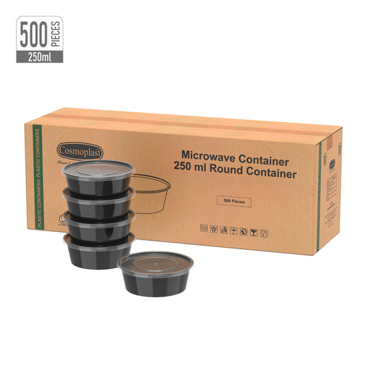 250 ml Carton of 500 Black Microwave Containers with Clear Lids