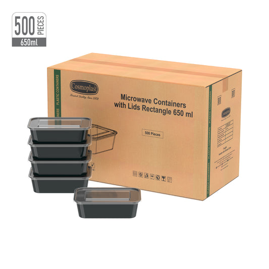 650 ml Carton of 500 Black Microwave Containers with Clear Lids