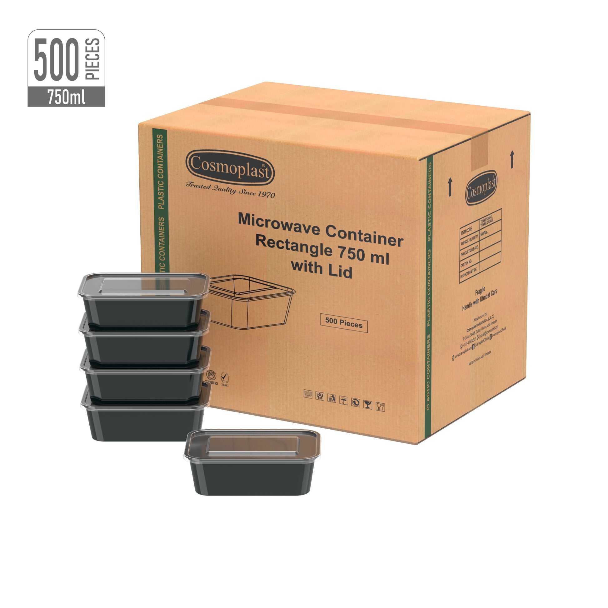 750 ml Carton of 500 Black Microwave Containers with Clear Lids