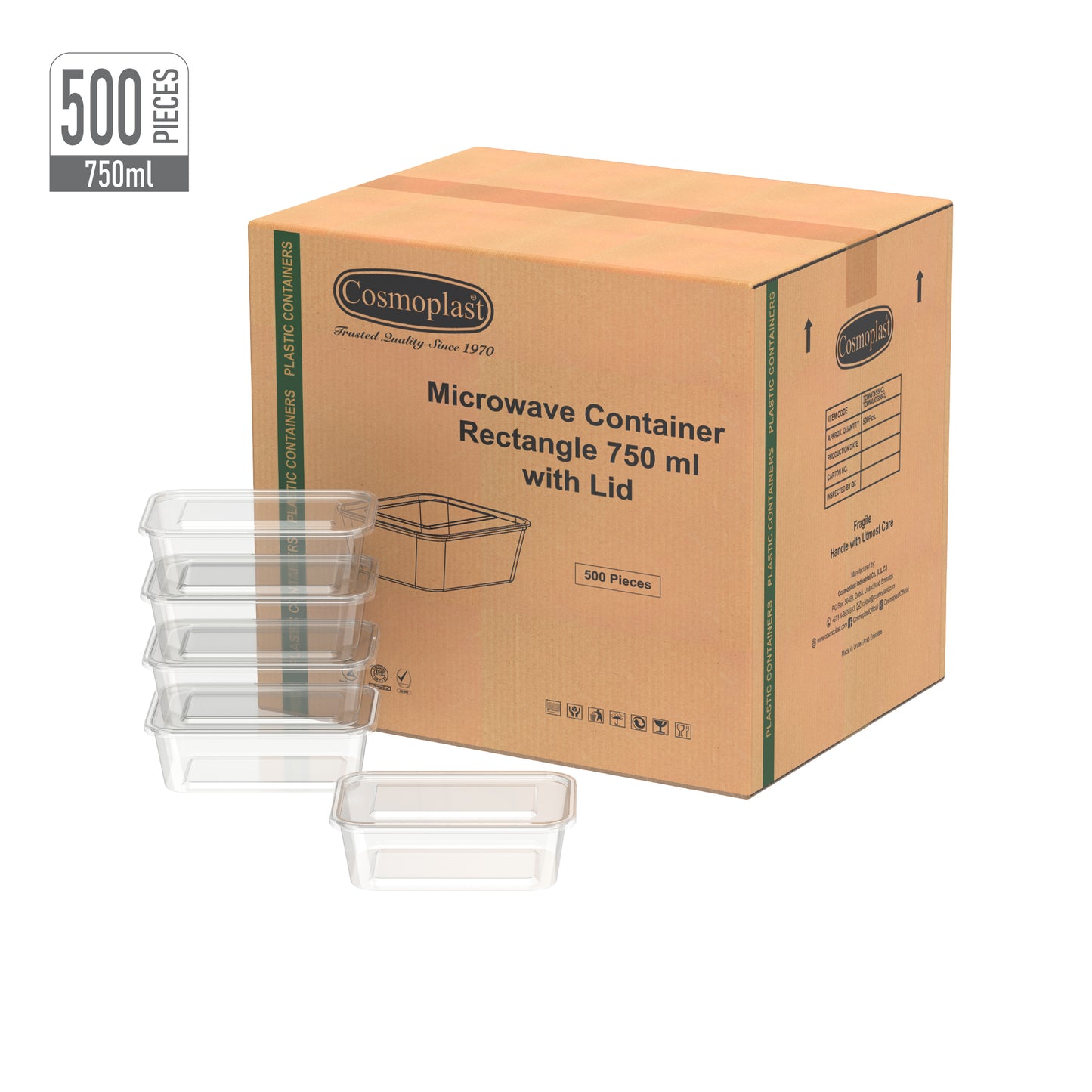 750 ml Carton of 500 Clear Microwave Containers with Clear Lids